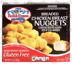 Bell & Evans Air Chilled uncooked breaded chicken breast nuggets, raised without antibiotics, gluten free 12 ounce