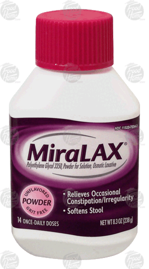 MiraLAX laxative, relieves occasional constipation, softens stool, polyethylene glycol 350, 14 doses 8.3 ounce