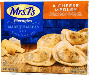 Mrs. T's four cheese medley; cheddar, parmesan, romano & swiss and creamy whipped potatoes, 12 pierogies 16 ounce