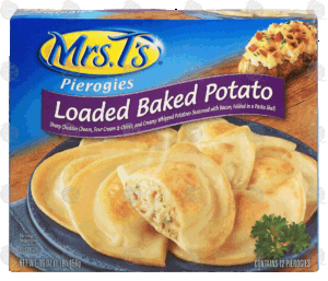 Mrs. T's Pierogies loaded baked potato; sharp cheddar cheese, sour cream & chives, and potatoes seasoned w/bacon, 12 ct 16 ounce