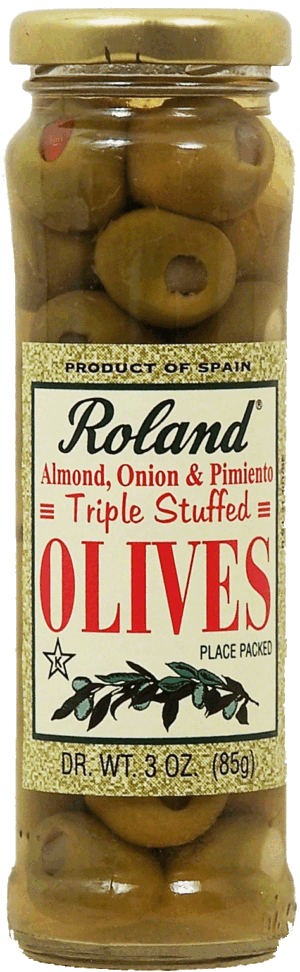 Roland Triple Stuffed almond, onion, pimiento stuffed olives 3 ounce