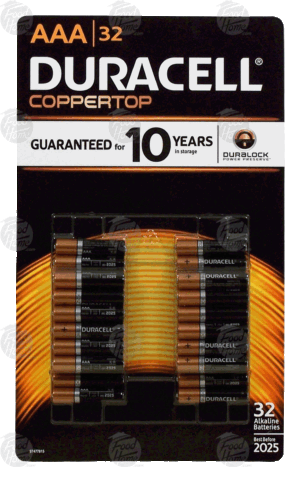 Duracell Coppertop alkaline batteries, AAA size 32 count
