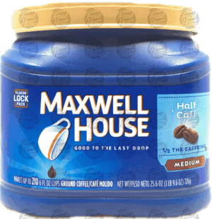 Maxwell House half caffeinated medium roast ground coffee, plastic tub 25.6 ounce