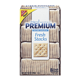 Nabisco Premium original saltine crackers topped with sea salt, 8-fresh stacks, about 16 crackers in each stack 13.6 ounce