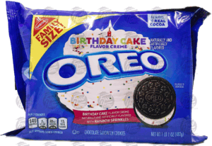 Nabisco birthday cake flavor creme filled oreo cookies, family size, wrapper 17 ounce