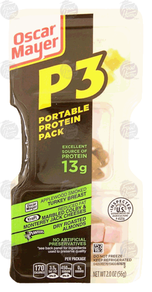 Oscar Mayer P3 portable protein pack, applewood smoked turkey breast, marbled colby & monterey jack cheese, almonds 2 ounce