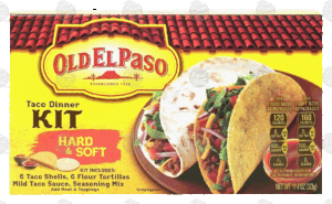 Old El Paso hard & soft taco dinner kit; 6 taco shells, 6 flour tortillas, mild taco sauce, seasoning mix 11.4 ounce