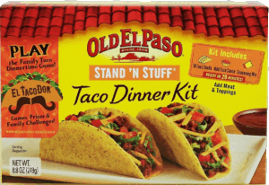 Old El Paso Stand 'n Stuff taco dinner kit, 10 hard taco shells, mild taco sauce, seasoning mix, you add meat & toppings 8.8 ounce