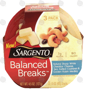 Sargento(R) Balanced Breaks natural sharp white cheddar cheese, sea salted cashews & golden raisin medley, 3 - 1.5 oz snacks 4.5 ounce
