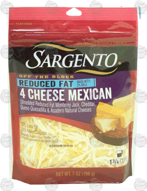 Sargento(R) Off the block 4 cheese mexican; monterey jack, cheddar, queso & asadero shredded cheese made with 2% milk 7 ounce