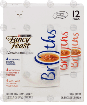 Purina Fancy Feast Broths Classic Collection; variety pack gourmet cat complement, 1.4-oz packs 12 pack