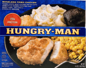 Hungry-Man boneless fried chicken, with home-style mashed potatoes and sweet corn, includes a chocolate brownie 16 ounce