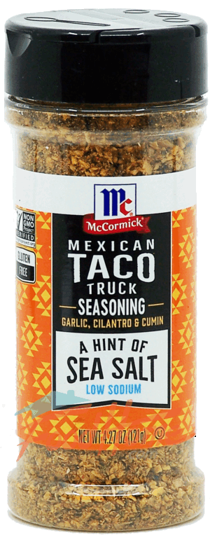 McCormick mexican taco truck seasoning; garlic, cilantro & cumin; low sodium 4.27 ounce
