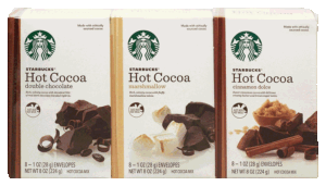 Starbucks hot cocoa variety; double chocolate, marshmallow, cinnamon dolce, each box 8 1-oz. envelopes 24 ounce