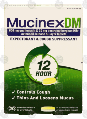 Mucinex Dm cough suppressant, thins and loosens mucus 600 mg guaifenesin and 30 mg dextromethorphan hbr 20 count