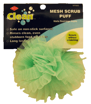 Ritz Clean mesh scrub puff, safe for non-stick surfaces, 5 inch diameter, random yellow, green & blue 1 count