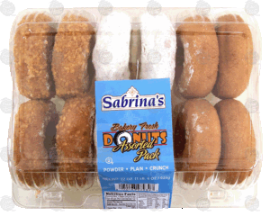 Sabrina's bakery fresh donuts, assorted pack, powder, plain & crunch 22 ounce