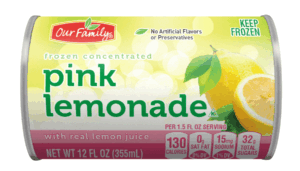 Our Family pink lemonade, frozen concentrated, 15% juice 12 fluid ounce