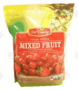 Our Family Fresh Frozen mixed fruit; strawberries, peaches, red seedless grapes, pineapple 40 ounce