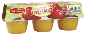 Our Family applesauce, unsweetened, 6 4-oz individual cups 24 ounce
