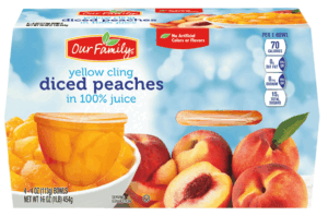 Our Family diced peaches in 100% juice, yellow cling, 4-oz. plastic tubs 4 pack