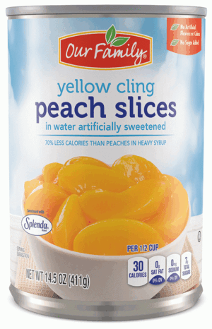 Our Family peach slices in water artificially sweetened, yellow cling 14.5 ounce