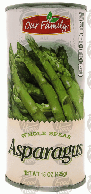 Our Family whole spear asparagus, sealed can 15 ounce