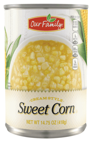 Our Family creamstyle sweet corn, sealed can 14.75 ounce