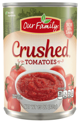 Our Family crushed tomatoes, sealed can 15 ounce