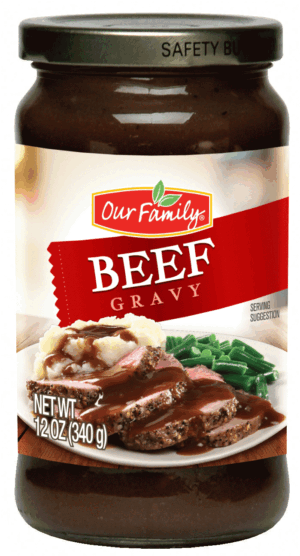Our Family beef gravy, glass jar 12 ounce