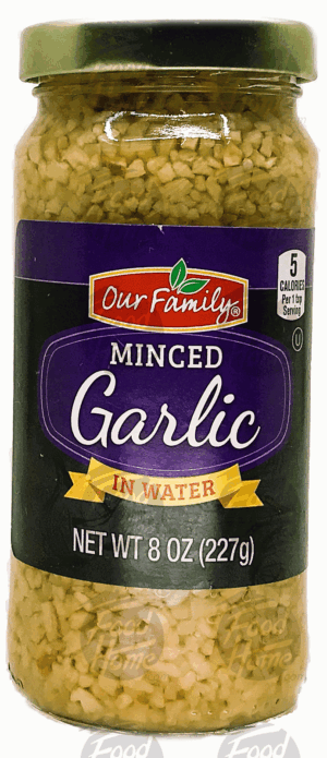 Our Family minced garlic in water, glass jar 8 ounce