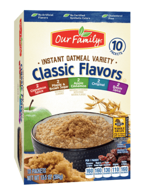 Our Family instant variety oatmeal; regular, raisins & spice, maple brown sugar, cinnamon spice, apple cinnamon 13.5 ounce