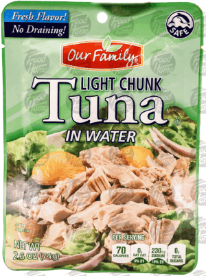 Our Family light chunk tuna in water, sealed pouch 2.6 ounce