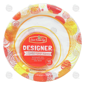 Our Family Designer coated paper plates, microwave safe, 6.8-in 48 count
