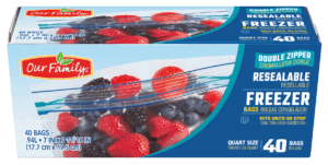 Our Family freezer food storage bag, double zipper resealable, quart size 40 count