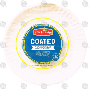 Our Family coated paper plates, microwave safe, 9-inch 150 count