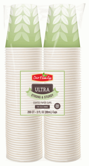 Our Family Ultra coated paper cups for cold drinks, 3-ounce 200 count