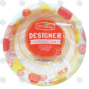 Our Family coated paper bowls, microwave safe, 20-fl. oz. 24 count
