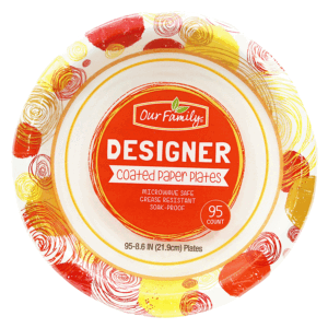 Our Family Designer coated paper plates, microwave safe, 8.6-inch 95 count