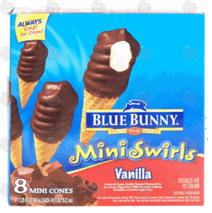 Blue Bunny Mini Swirls vanilla ice cream dipped in a milk chocolaty coating all inside a crunchy sugar cone, 8 mini cones 18 fluid ounce