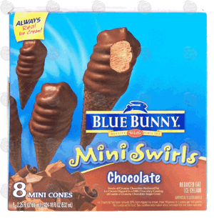 Blue Bunny Mini Swirls chocolate ice cream dipped in a milk chocolaty coating inside a chocolate sugar cone, 8 mini cones 18 fluid ounce