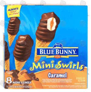 Blue Bunny Mini Swirls vanilla ice cream w/a thick inner layer of caramel sauce dipped in milk chocolate, 8 mini cones 18 fluid ounce