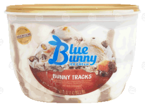 Blue Bunny Bunny Tracks vanilla flavored ice cream, chocolate peanut butter bunnies and fudge swirls 46 fluid ounce