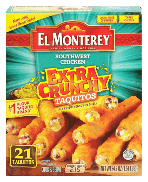El Monterey Extra Crunchy southwest chicken taquitos in a crispy seasoned shell, three cheeses, 21 taquitos 24.2 ounce