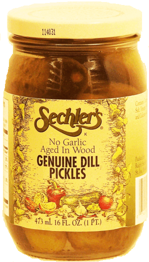 Sechler's geniune dill pickles, no garlic, aged in wood 16 fluid ounce