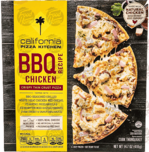 California Pizza Kitchen Crispy Thin Crust bbq recipe chicken; bbq seasoned chicken, red onions, cilantro, smoked gouda & mozzarella 14.7 ounce