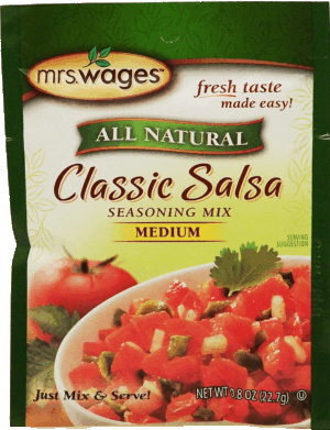 Mrs. Wage's classic salsa seaoning mix, medium heat, just mix & serve, all natural 0.8 ounce