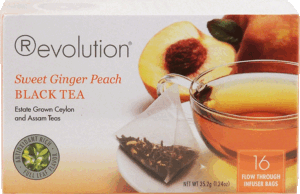 Revolution sweet ginger peach black tea, estate grown ceylon and assam teas, 16 flow through infuser bags 1.24 ounce