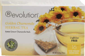 Revolution golden chamomile herbal tea, caffeine free, estate grown chamomile herb, 16 flow through infuser bag 0.93 ounce