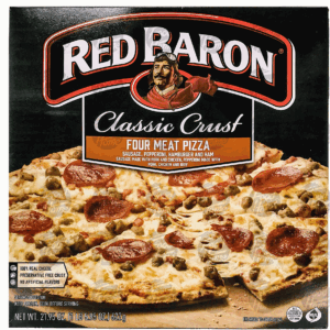 Red Baron Classic Crust four meat pizza, sausage, pepperoni, hamburger, ham, forzen pizza 21.95 ounce